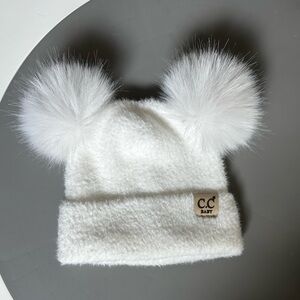 Infant White Fuzzy Pom-Pom Hat
